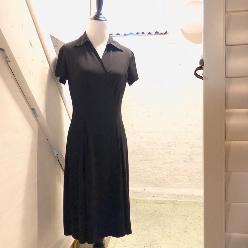 Black Faux Wrap Dress with Collar, Short Sleeve